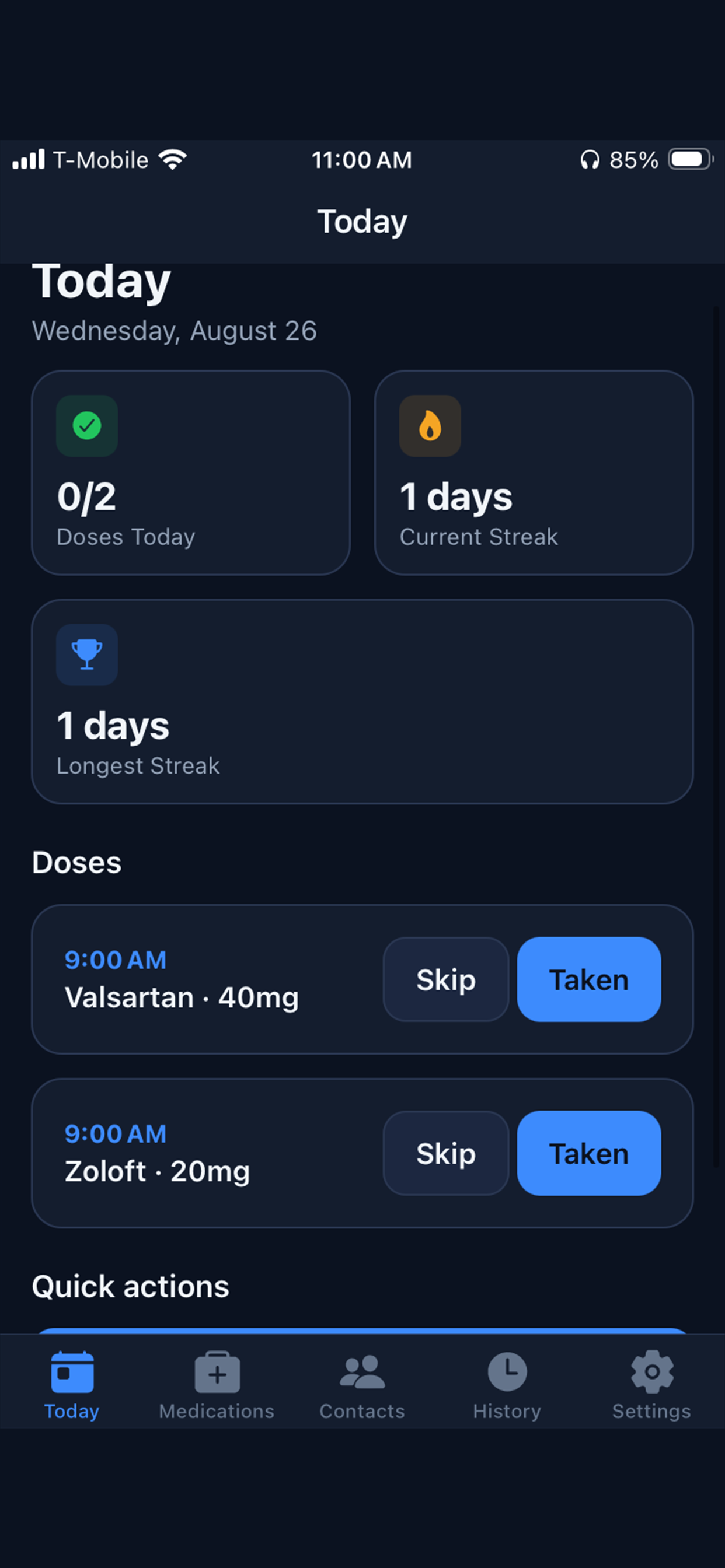 Mymeditime app showing today's medication schedule and adherence streak